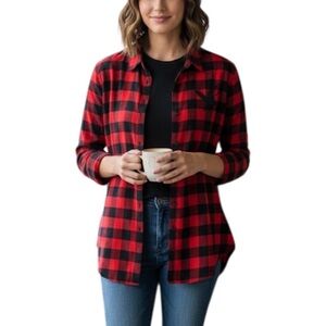 Beach Lunch Lounge Cabincore Buffalo Plaid Button Down Shirt Large Red Black